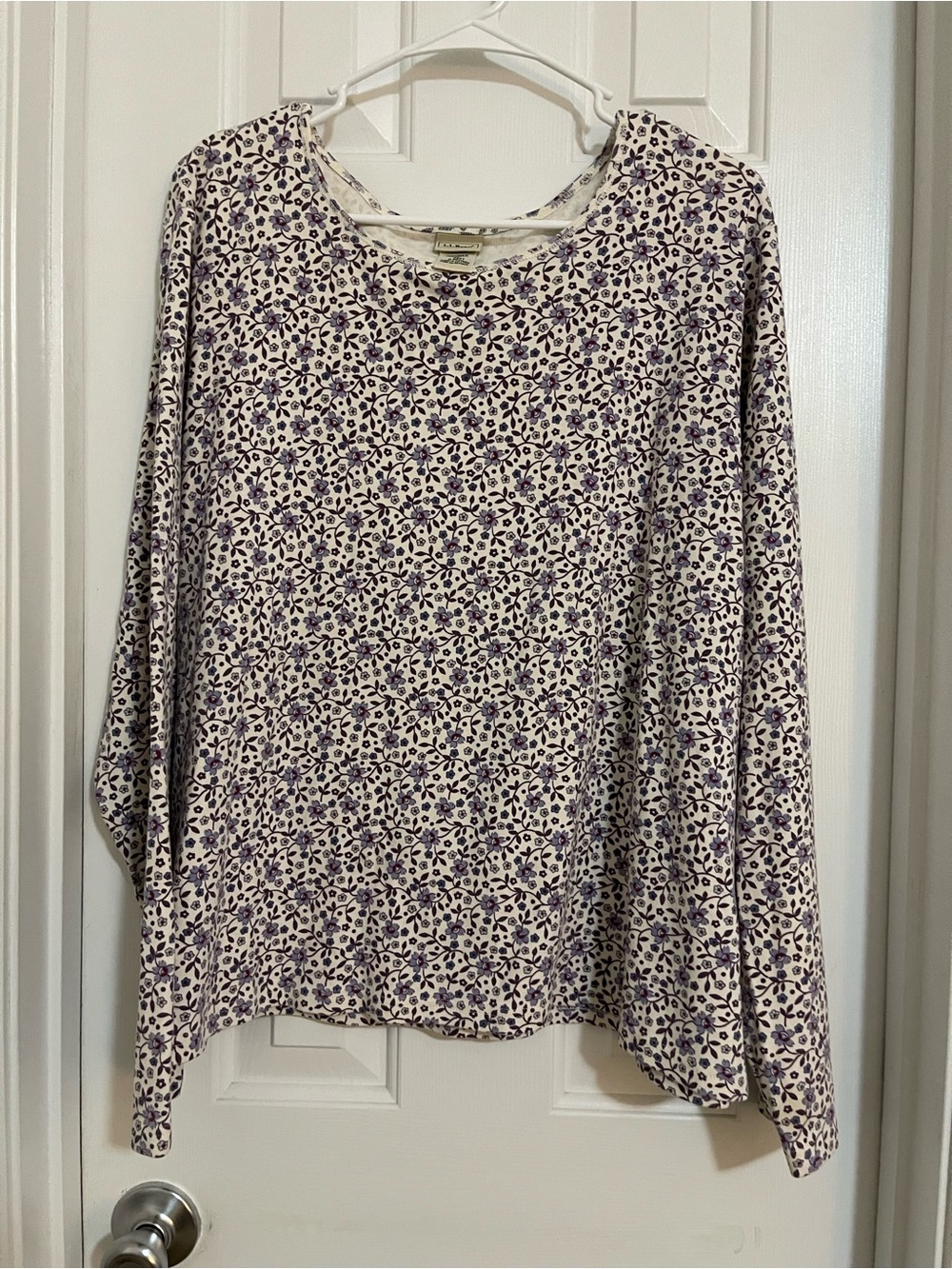 L.L. Bean Cream Long-Sleeve Top with Purple Floral Print